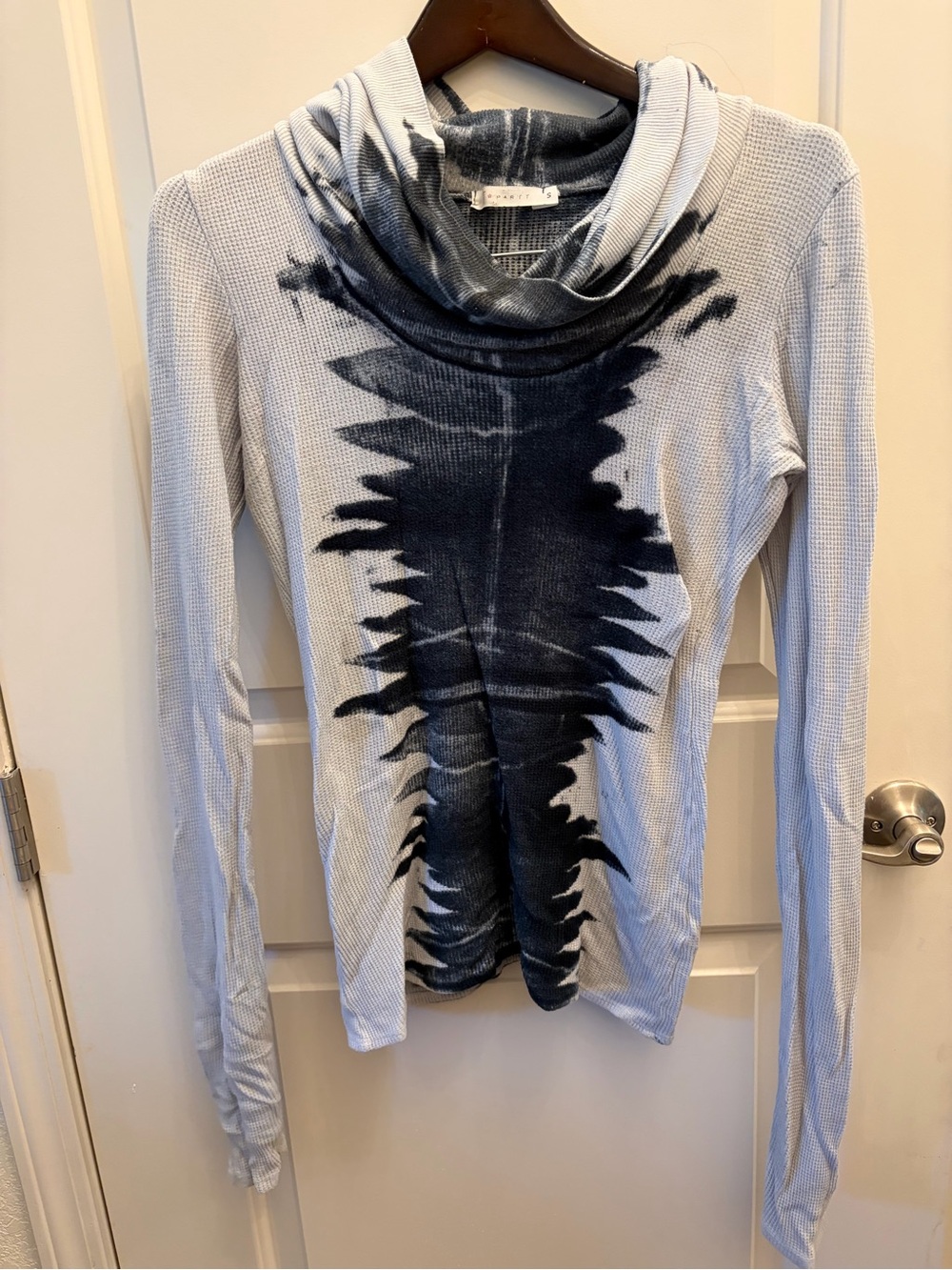 T Party Fashion Light Blue Long Sleeve Cowl Neck Top with Dark Blue Tie-Dye